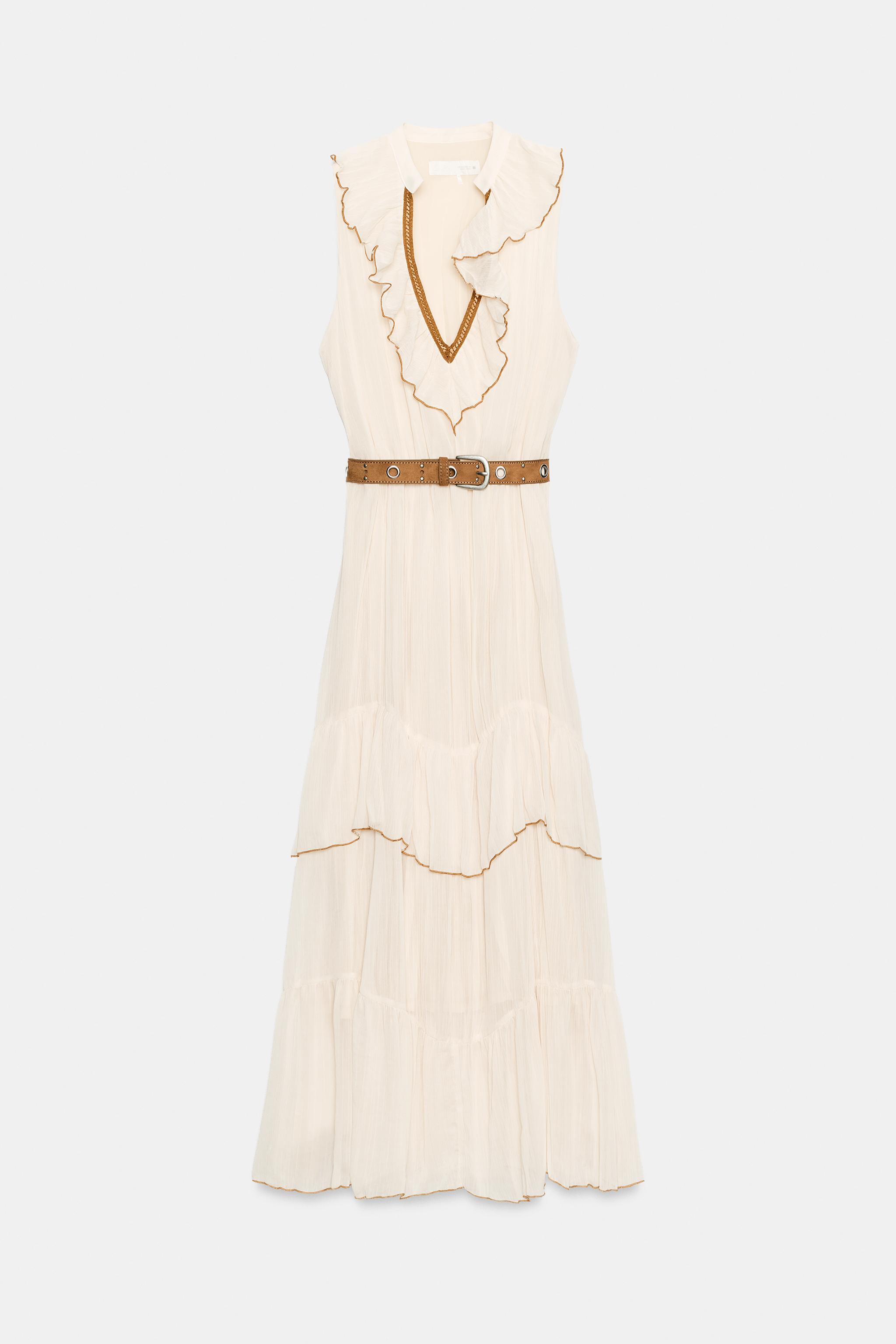 BELTED RUFFLED MIDI DRESS